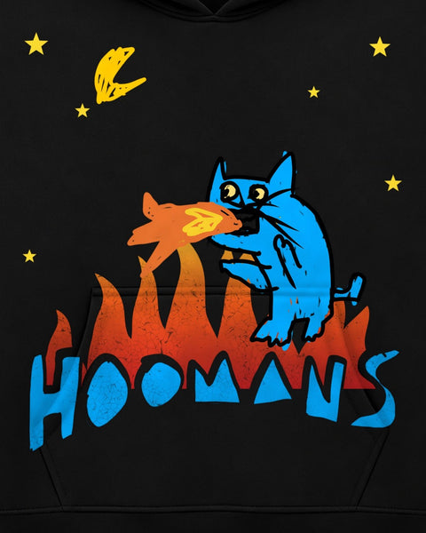 Close up of the front print: a blue cat breathing orange fire above red and orange flames and the blue HOOMANS wordmark on black fleece