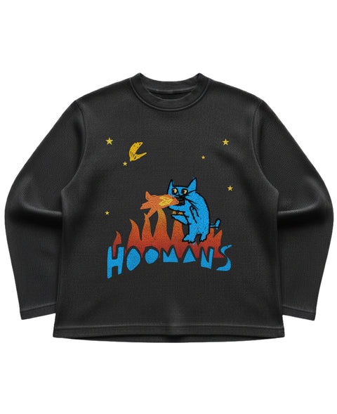 Black waffle knit oversized full sleeve tee with a blue fire breathing cat standing on a burning HOOMANS wordmark under a yellow moon and stars, front flat lay