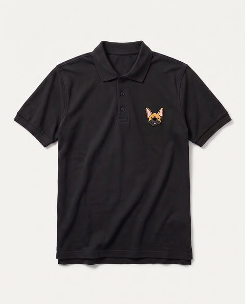 Black polo shirt with embroidered French Bulldog face on the chest, front flat lay