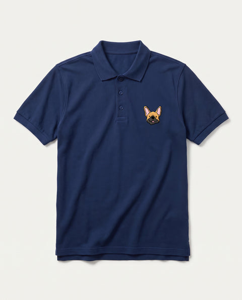 Navy Blue polo shirt with embroidered French Bulldog face on the chest, front flat lay