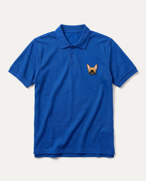 Royal Blue polo shirt with embroidered French Bulldog face on the chest, front flat lay