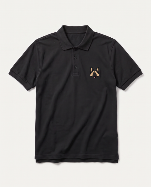 Black polo shirt with embroidered German Shepherd face on the chest, front flat lay