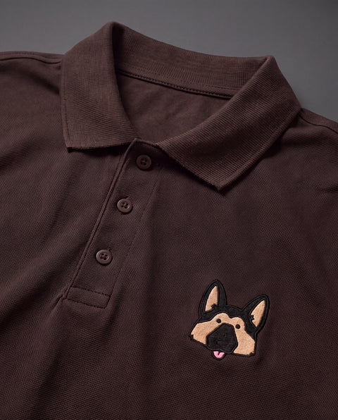 Coffee brown embroidered German Shepherd polo, close-up of collar, button placket, and satin-stitch chest patch