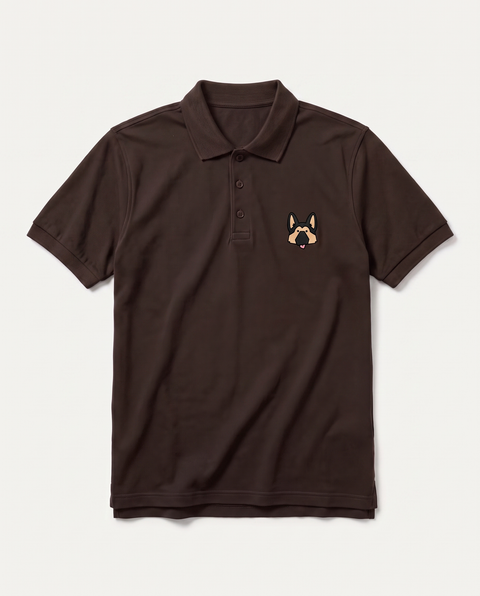 Coffee brown polo shirt with embroidered German Shepherd face on the chest, front flat lay
