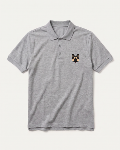Grey melange polo shirt with embroidered German Shepherd face on the chest, front flat lay