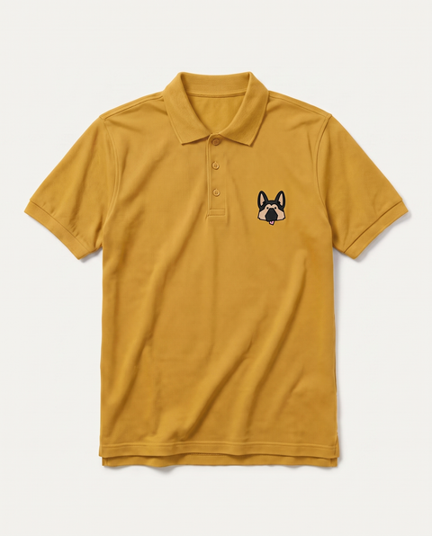 Mustard yellow polo shirt with embroidered German Shepherd face on the chest, front flat lay