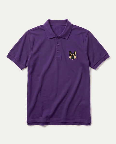 Purple polo shirt with embroidered German Shepherd face on the chest, front flat lay