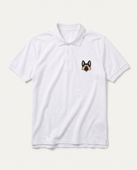 White polo shirt with embroidered German Shepherd face on the chest, front flat lay