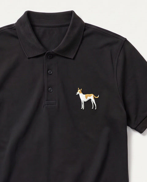 Black embroidered Gillu polo, close-up of collar, button placket, and satin-stitch chest patch
