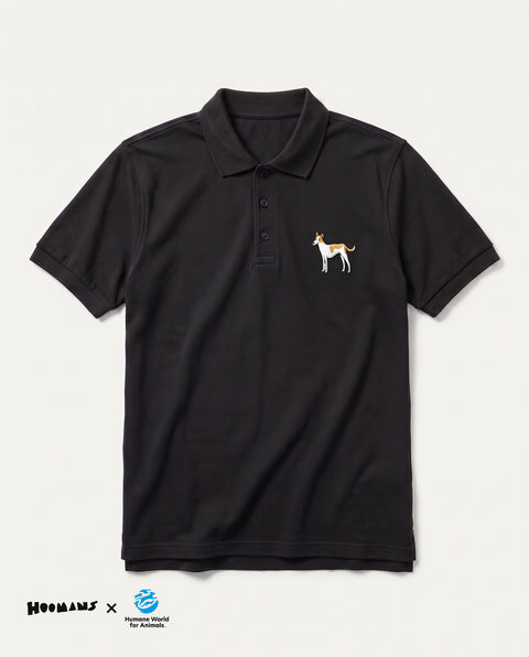 Black polo shirt with embroidered full-body indie dog on the chest, front flat lay