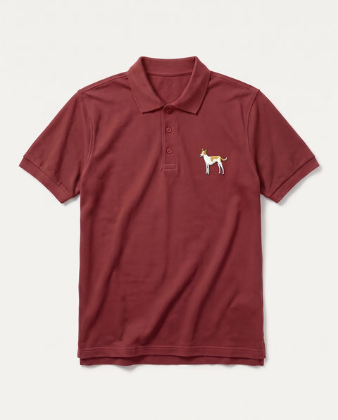 Brick Red polo shirt with embroidered full-body indie dog on the chest, front flat lay