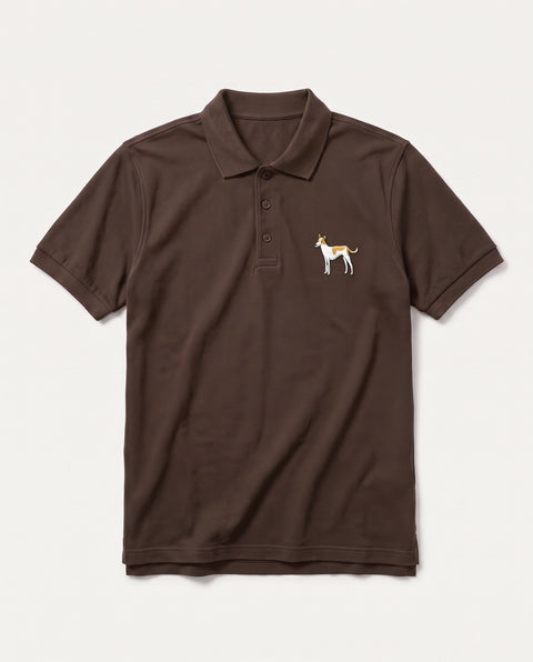 Coffee Brown polo shirt with embroidered full-body indie dog on the chest, front flat lay