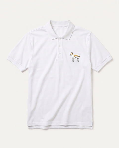 White polo shirt with embroidered full-body indie dog on the chest, front flat lay