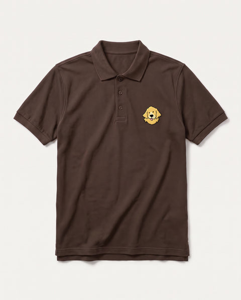 Coffee Brown polo shirt with embroidered Golden Retriever face on the chest, front flat lay
