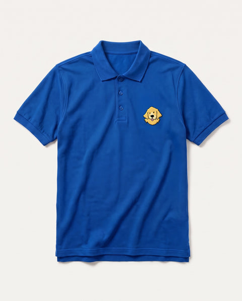 Royal Blue polo shirt with embroidered Golden Retriever face on the chest, front flat lay
