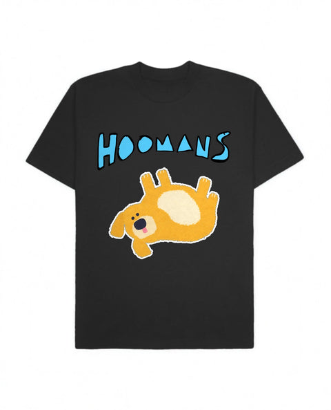 Black oversized tee with a big Hoomans logo over a flat colour golden retriever lying belly up, front flat lay