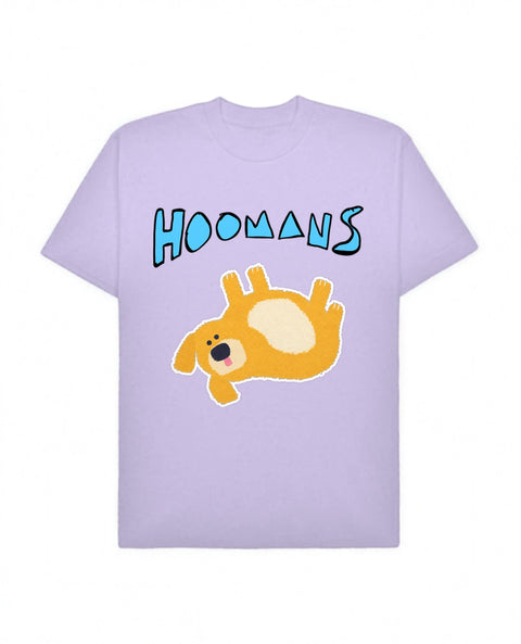 Lavender oversized tee with a big Hoomans logo over a flat colour golden retriever lying belly up, front flat lay