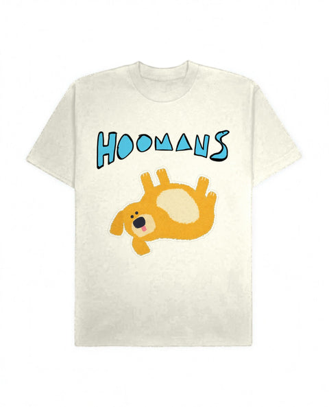 Off White oversized tee with a big Hoomans logo over a flat colour golden retriever lying belly up, front flat lay