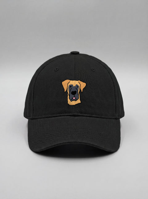 Black baseball cap with embroidered great dane face, front view