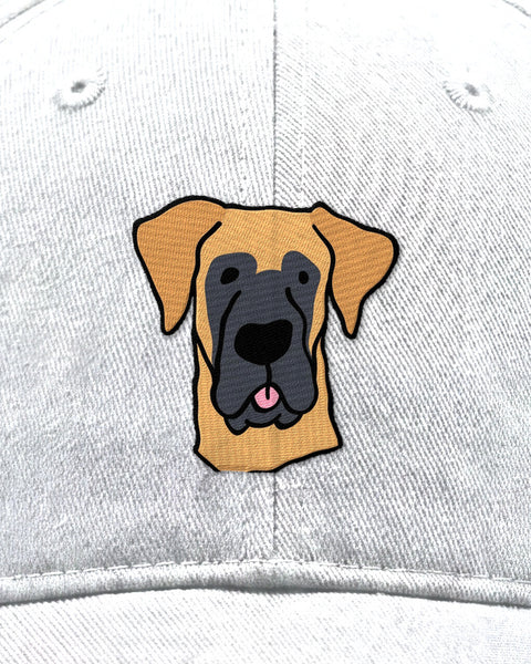 Embroidered great dane face in satin stitch on a white baseball cap, close up