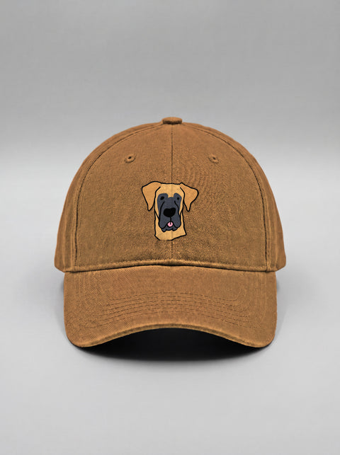 Khaki baseball cap with embroidered great dane face, front view