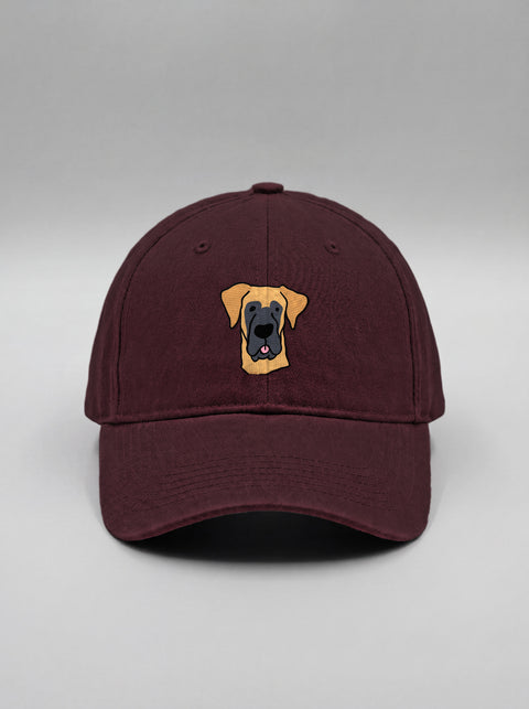 Maroon baseball cap with embroidered great dane face, front view