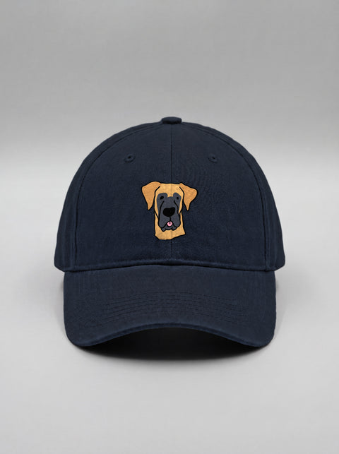 Navy blue baseball cap with embroidered great dane face, front view