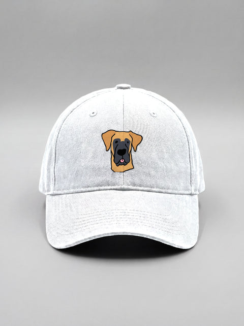 White baseball cap with embroidered great dane face, front view
