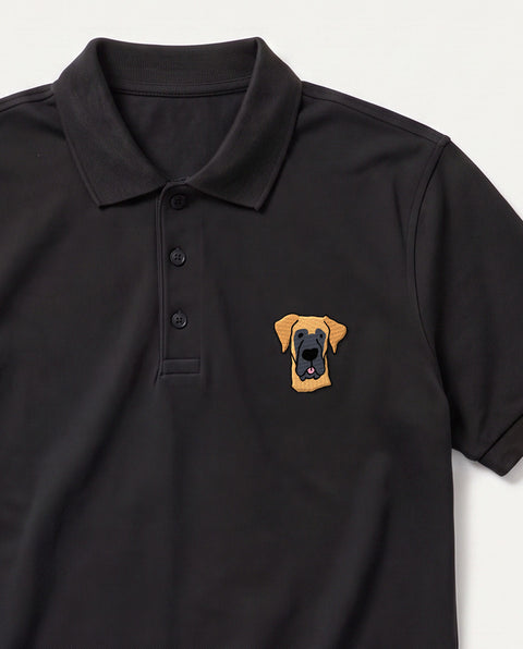 Black embroidered Great Dane polo, close-up of collar, button placket, and satin-stitch chest patch