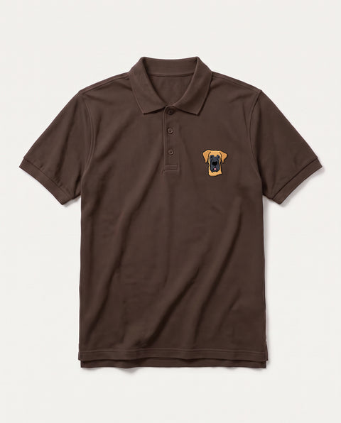 Coffee Brown polo shirt with embroidered Great Dane face on the chest, front flat lay