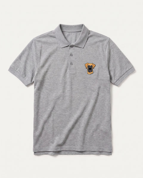 Grey Melange polo shirt with embroidered Great Dane face on the chest, front flat lay