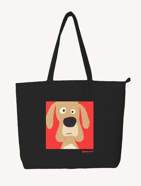 Black large canvas tote bag with a flat colour fawn Great Dane face on a coral red block and a red Hoomans wordmark, front view