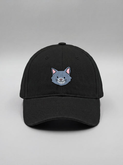 Black baseball cap with embroidered grey cat face, front view
