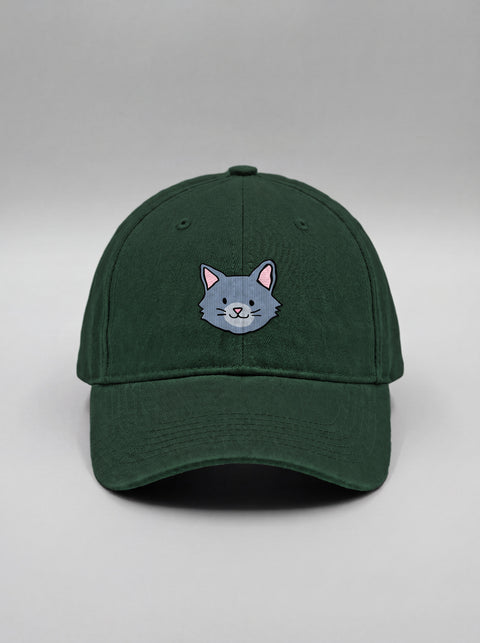 Bottle green baseball cap with embroidered grey cat face, front view