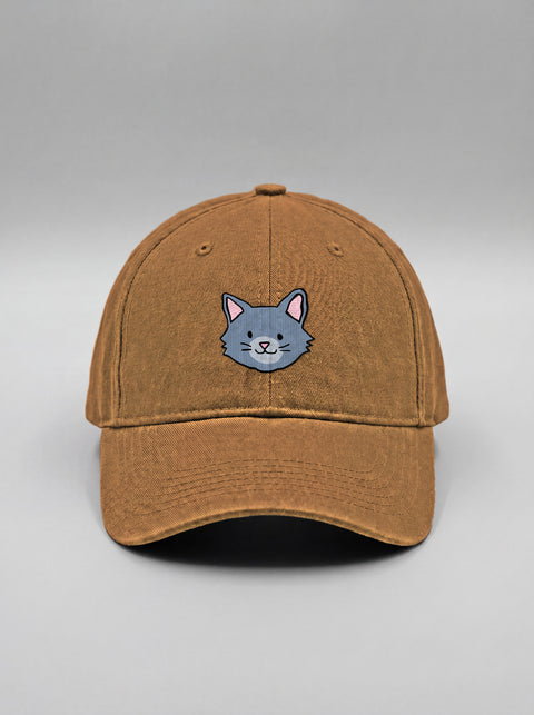Khaki baseball cap with embroidered grey cat face, front view