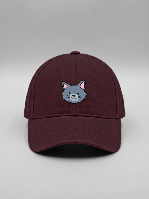 Maroon baseball cap with embroidered grey cat face, front view
