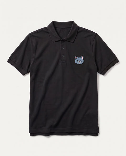 Black polo shirt with embroidered grey cat face on the chest, front flat lay