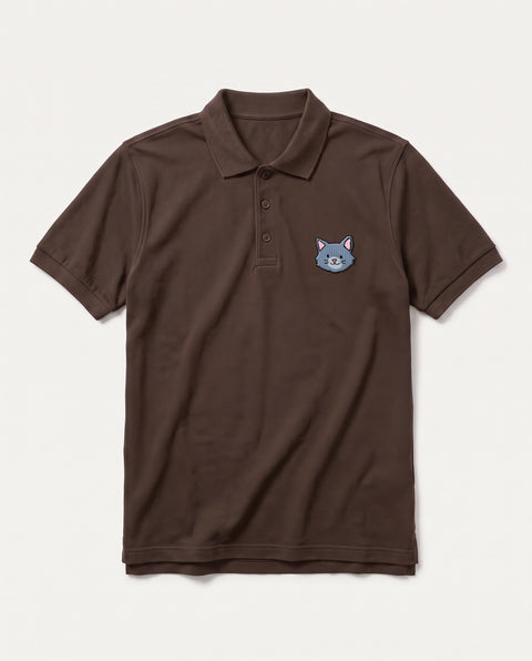 Coffee Brown polo shirt with embroidered grey cat face on the chest, front flat lay