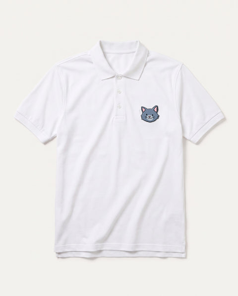 White polo shirt with embroidered grey cat face on the chest, front flat lay