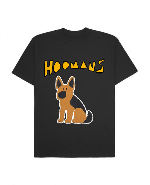 Black oversized tee with a big marigold Hoomans logo over a flat colour german shepherd sitting, front flat lay