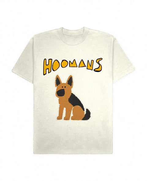 Off White oversized tee with a big marigold Hoomans logo over a flat colour german shepherd sitting, front flat lay
