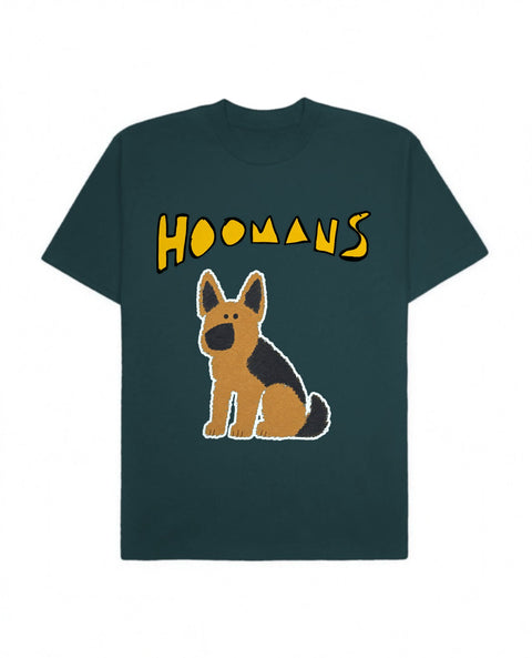 Petrol Blue oversized tee with a big marigold Hoomans logo over a flat colour german shepherd sitting, front flat lay