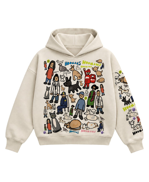 Cream boxy hoodie covered in hand-drawn colony characters: a watchman, a delivery boy, aunties, indie dogs and cats, front flat lay