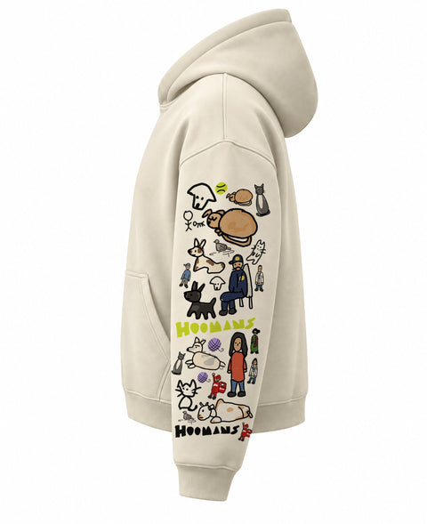 Left side of the cream boxy hoodie with colony characters and dogs running down the sleeve