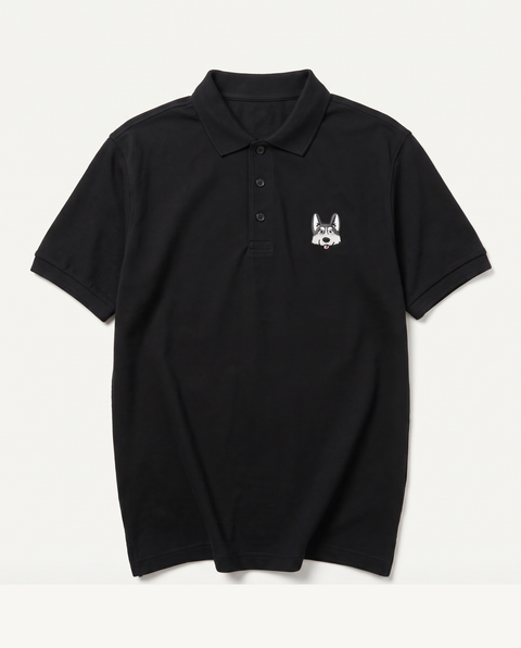 Black polo shirt with embroidered husky face on the chest, front flat lay