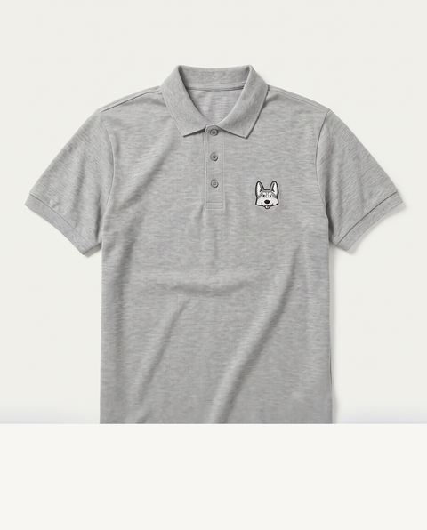 Grey melange polo shirt with embroidered husky face on the chest, front flat lay