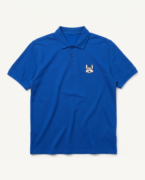 Royal blue polo shirt with embroidered husky face on the chest, front flat lay