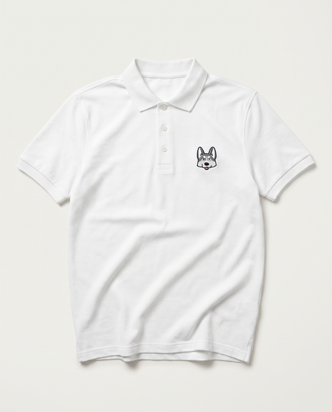 White polo shirt with embroidered husky face on the chest, front flat lay