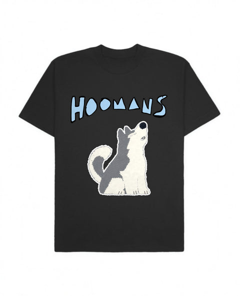 Black oversized tee with a big ice blue Hoomans logo over a flat colour husky howling, front flat lay