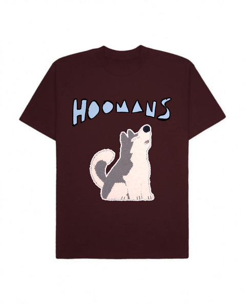 Maroon oversized tee with a big ice blue Hoomans logo over a flat colour husky howling, front flat lay